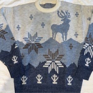 Vintage Men's Blue and Gray Reindeer Crewneck Sweater from the early 90’s